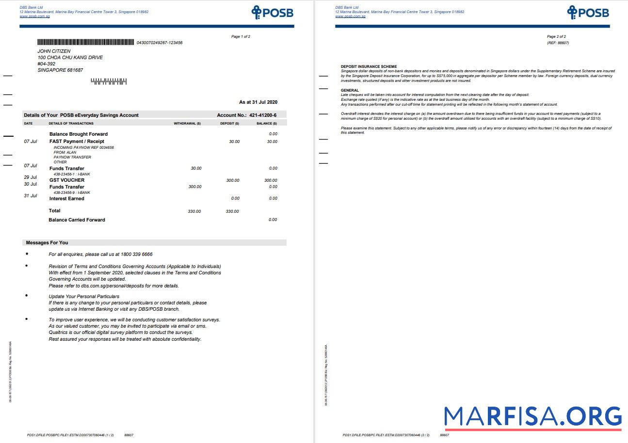 Blank Singapore DBS bank statement word 2 pages template
